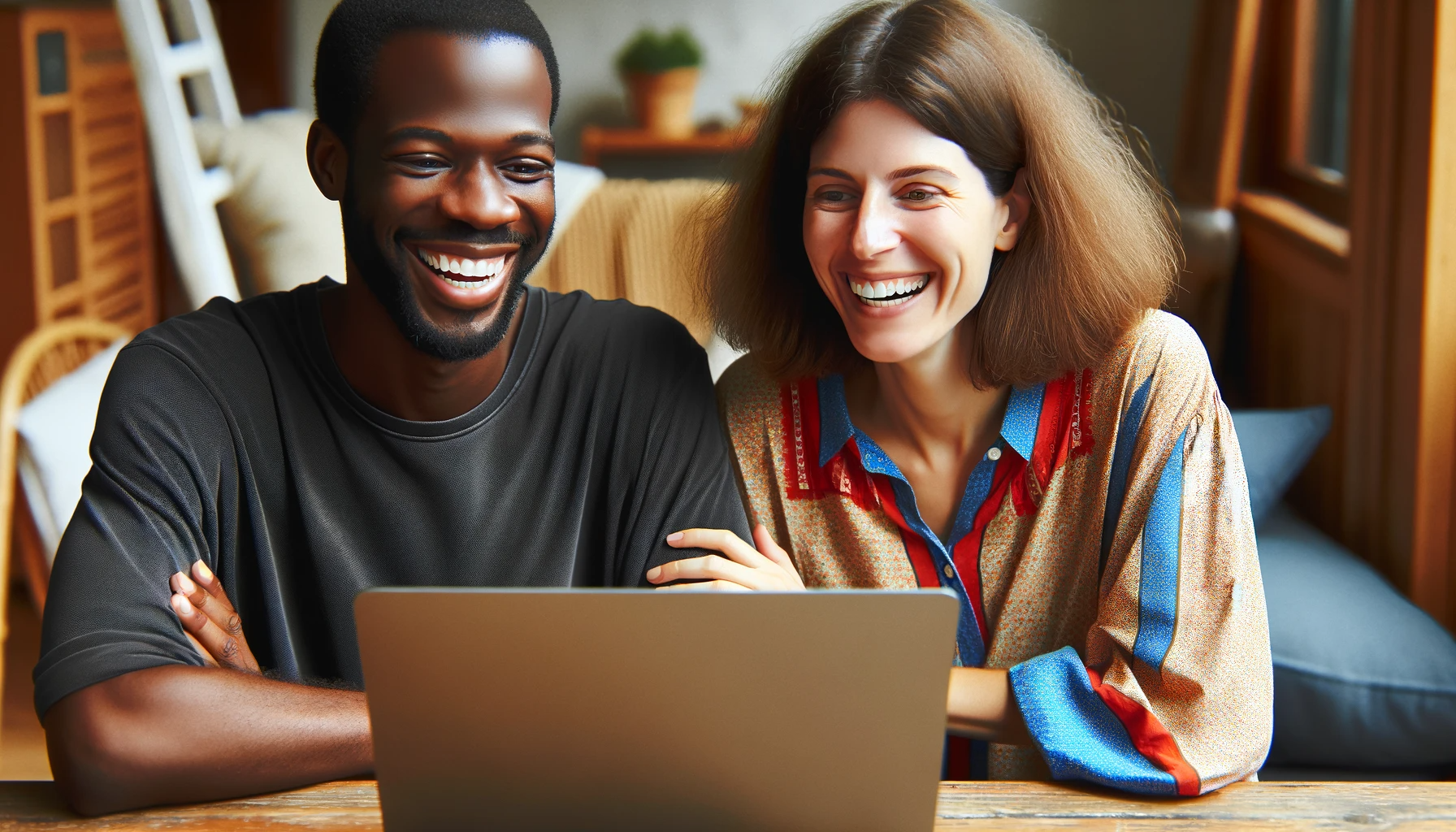 DALL·E 2023-12-04 08.17.01 - Two realistic characters, a man and a woman, laughing and looking at a laptop screen. The man is Black, with short hair, wearing a casual shirt. The w